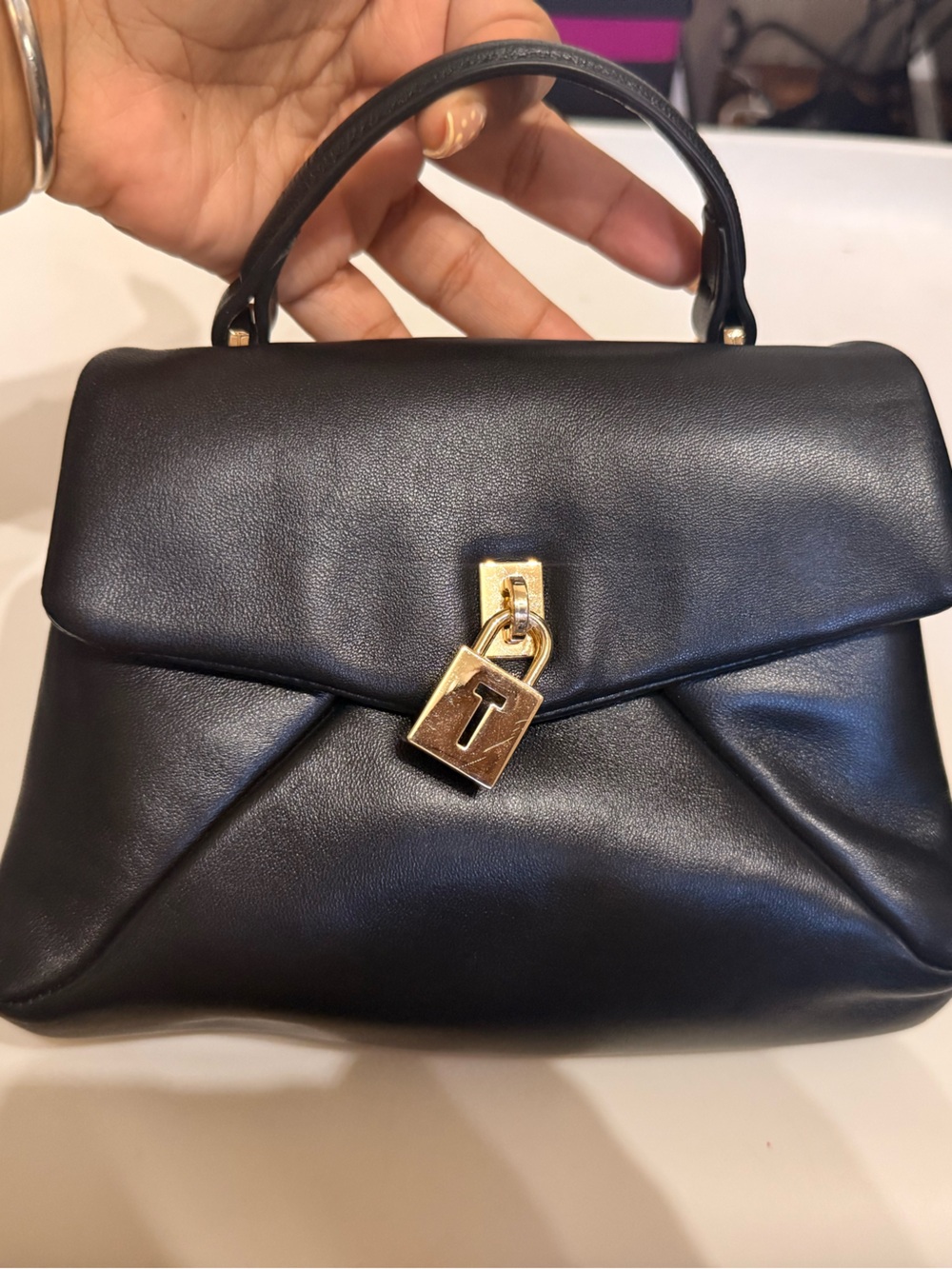 Ted Baker Black Top-Handle Leather Bag with Gold Lock